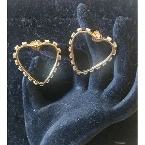 JCL Signed Sterling Silver 925 Vermeil Heart Hoop Earrings Cubic Zirconia Stones